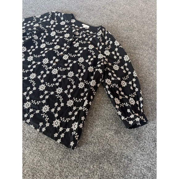 J. Jill Womens Black White Floral Embroidered Cotton Popover Blouse Top SZ M - Picture 5 of 11